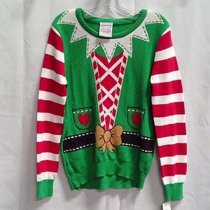 New Holiday Elf sweater with green Buddy the Elf print, red and white lapels
